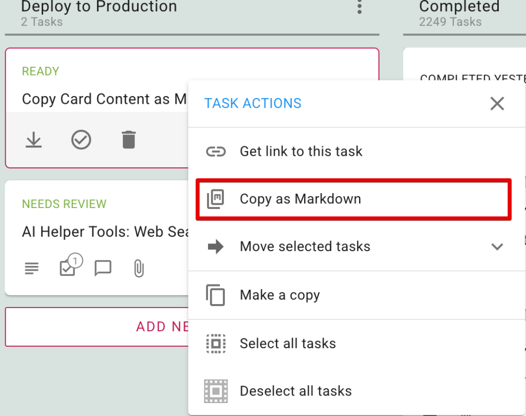 Screenshot shows the options available when the user uses a right-mouse-button click on a card on a Kerika Task Board. The option for "Copy as Markdown" is highlighted.