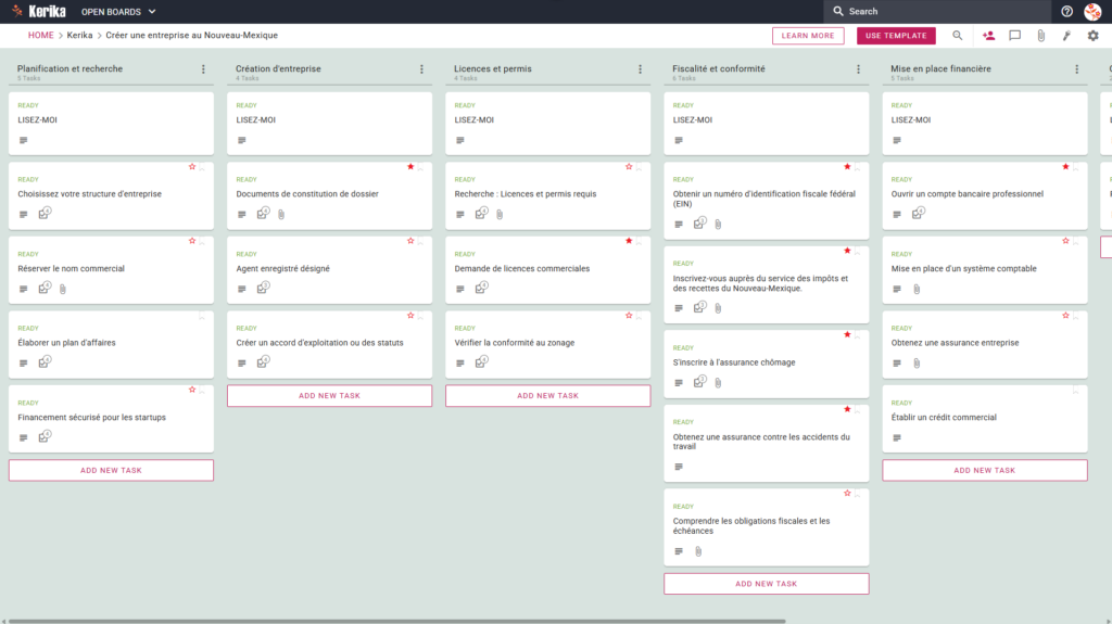 Bannière intitulée « Créer une entreprise au Nouveau-Mexique », présentant une capture d'écran d'un tableau Kanban Kerika comportant des colonnes de tâches intitulées « Planification et recherche », « Création d'entreprise », « Licences et autorisations », « Fiscalité et conformité » et « Mise en place financière ».