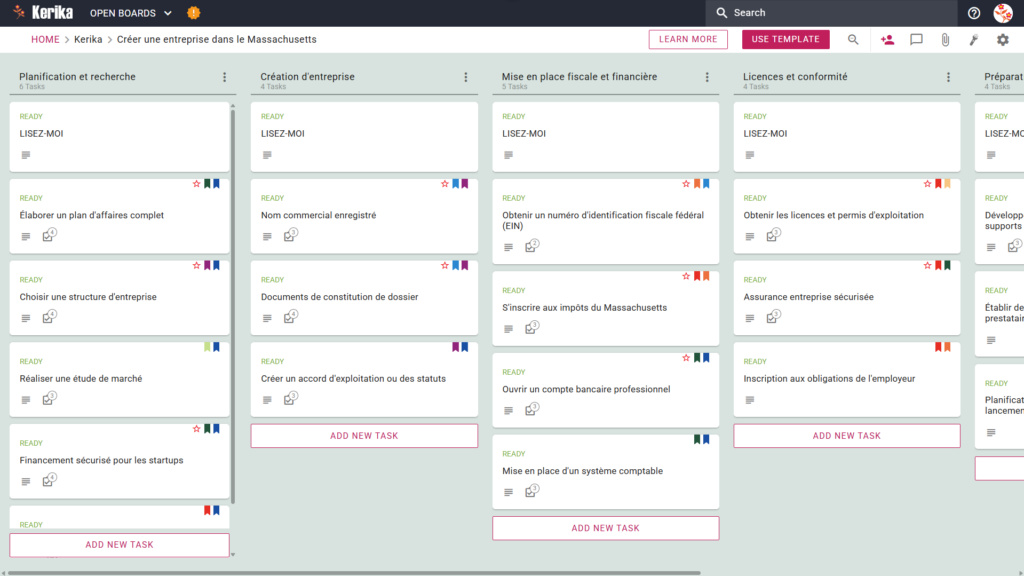 Bannière intitulée "Créer une entreprise dans le Massachusetts" présentant une capture d'écran d'un tableau Kanban de Kerika avec des colonnes de tâches pour la planification et la recherche, la création d'entreprise, le montage fiscal et financier, l'octroi de licences et la conformité, et la préparation du lancement.