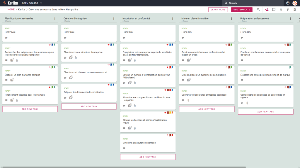 Bannière intitulée « Créer une entreprise dans le New Hampshire », présentant une capture d'écran d'un tableau Kanban Kerika comportant des colonnes de tâches intitulées « Planification et recherche », « Création d'entreprise », « Enregistrement et conformité », « Mise en place financière » et « Préparation du lancement ».