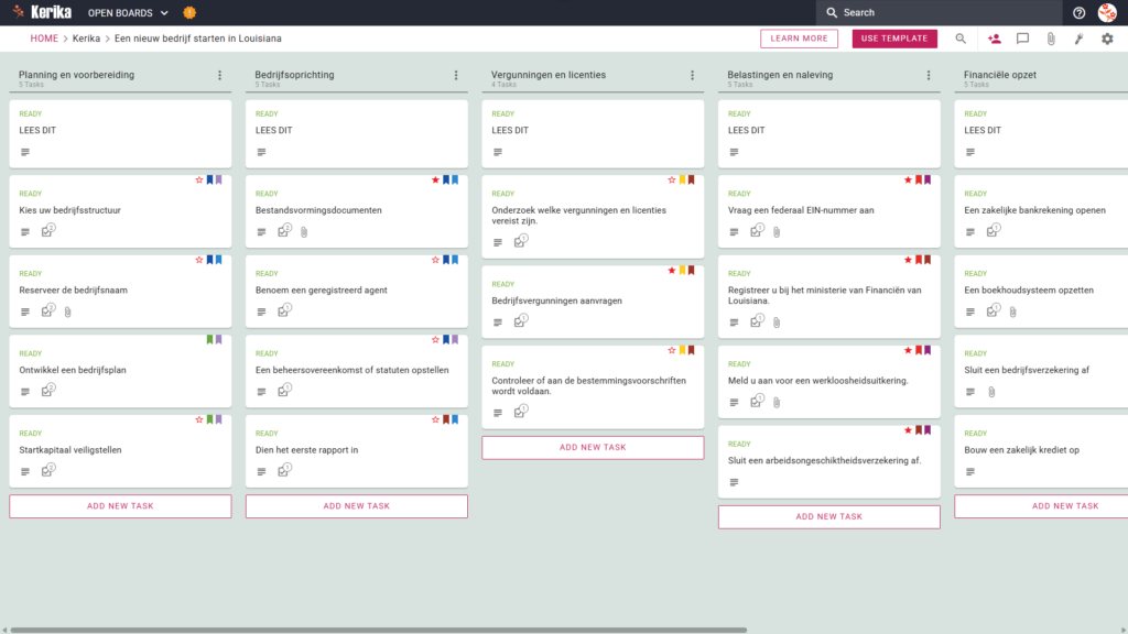 Een nieuw bedrijf starten in Louisiana: Een banner met de titel "Een nieuw bedrijf starten in Louisiana" en een kanban-bord met secties voor planning en voorbereiding, een bedrijf starten, vergunningen en licenties, belastingen en naleving, en financiële voorbereiding.