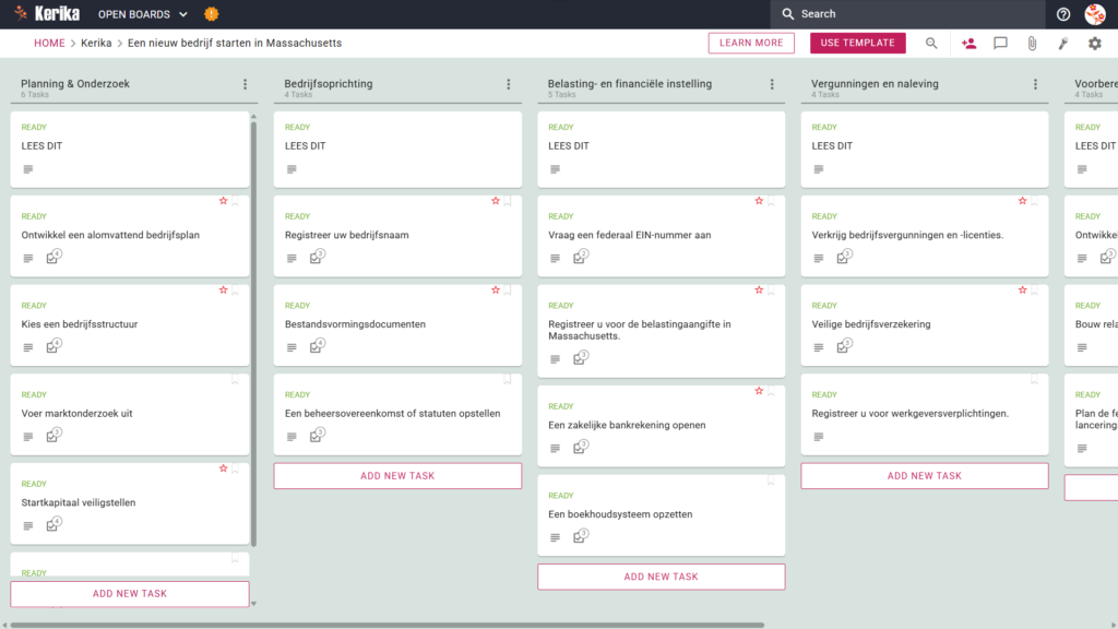 Een banner met de titel "Een nieuw bedrijf starten in Massachusetts" toont een screenshot van Kerika's Kanban-bord met taakvelden voor "Planning and Research", "Business Formation", "Tax and Financial Setup", "Licensing and Compliance" en "Getting Ready to Start".