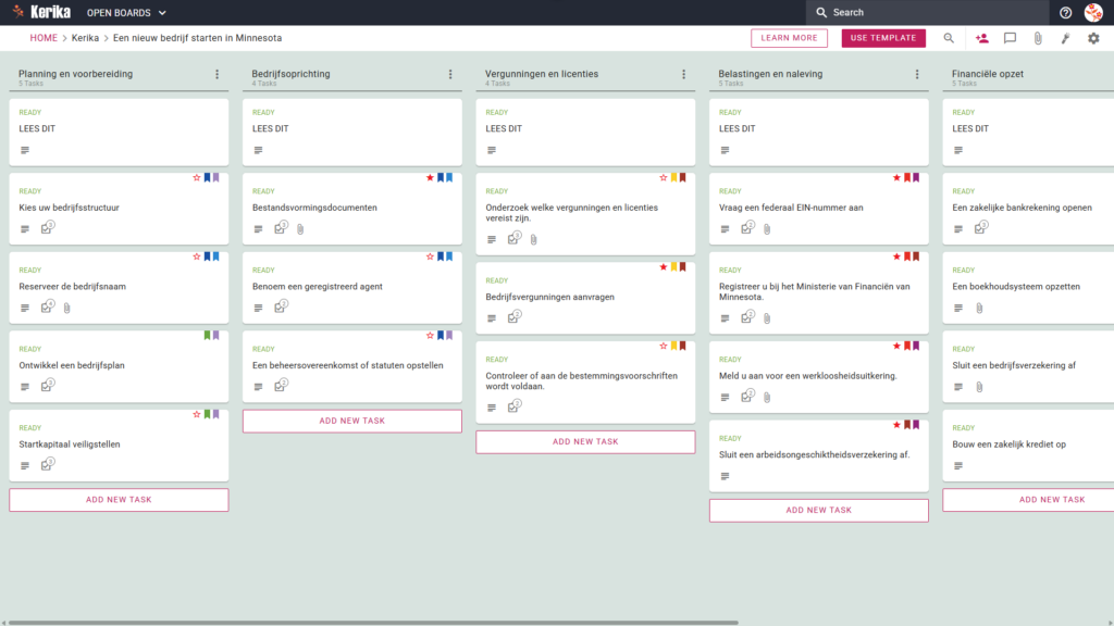 Banner met de titel „Een nieuw bedrijf starten in Minnesota”, met een screenshot van een Kerika Kanban-bord met taakkolommen voor Planning & Voorbereiding, Oprichting van het bedrijf, Vergunningen & Licenties, Belastingen & Naleving en Financiële opzet.