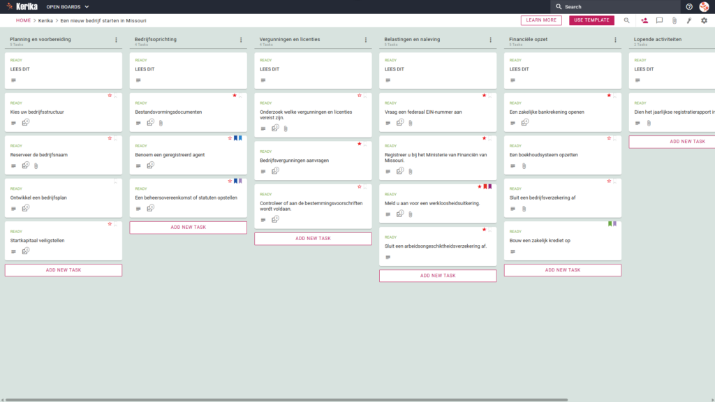 Banner met de titel „Een nieuw bedrijf starten in Missouri”, met een screenshot van een Kerika Kanban-bord met taakkolommen voor Planning & Voorbereiding, Oprichting van het bedrijf, Vergunningen & Licenties, Belastingen & Naleving, Financiële opzet en Lopende bedrijfsvoering.