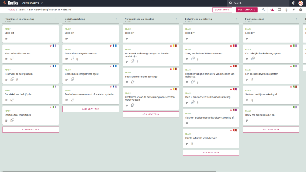 Banner met de titel „Een nieuw bedrijf starten in Nebraska”, met een screenshot van een Kerika Kanban-bord met taakkolommen voor Planning & Voorbereiding, Oprichting van het bedrijf, Vergunningen & Licenties, Belastingen & Naleving en Financiële opzet.