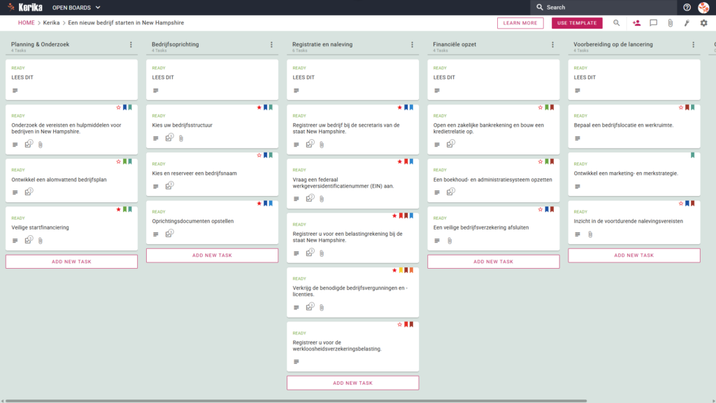 Banner met de titel „Een nieuw bedrijf starten in New Hampshire”, met een screenshot van een Kerika Kanban-bord met taakkolommen voor Planning & Onderzoek, Oprichting van het bedrijf, Registratie & Naleving, Financiële opzet en Voorbereiding op de lancering.
