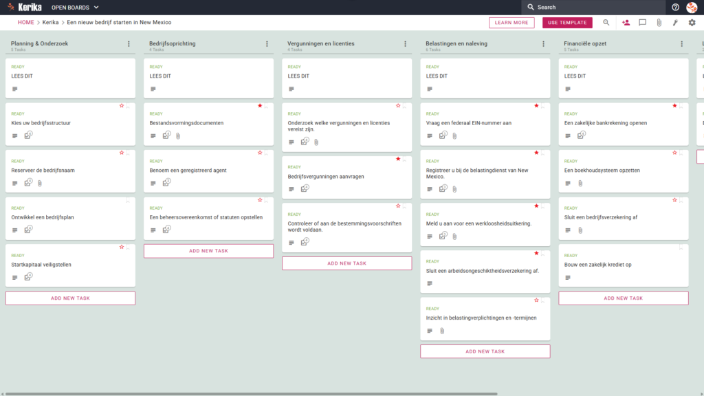 Banner met de titel „Een nieuw bedrijf starten in New Mexico”, met een screenshot van een Kerika Kanban-bord met taakkolommen voor Planning & Onderzoek, Oprichting van het bedrijf, Vergunningen & Licenties, Belastingen & Naleving en Financiële opzet.