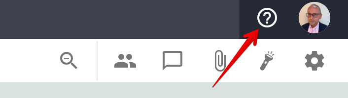 Screenshot showing the top-right area of the Kerika desktop app, with an arrow pointing to the question mark icon that accesses help.