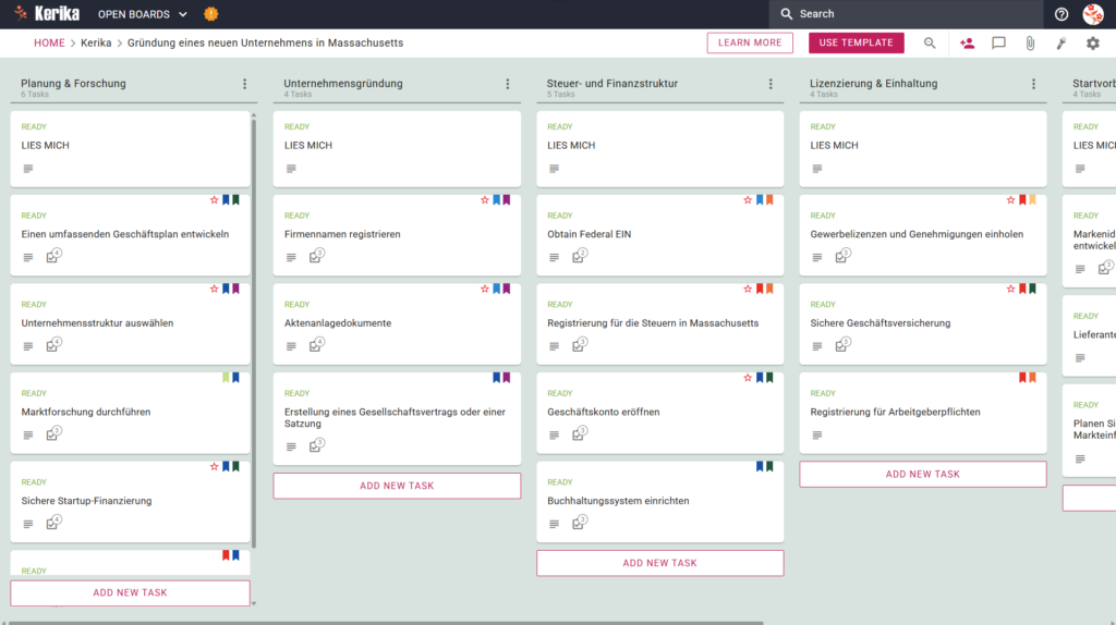 Banner mit dem Titel "Gründung eines neuen Unternehmens in Massachusetts" (Gründung eines neuen Unternehmens in Massachusetts) mit einem Screenshot einer Kerika-Kanban-Tafel mit Aufgabenspalten für Planung und Forschung, Unternehmensgründung, Steuer- und Finanzeinrichtung, Lizenzierung und Einhaltung von Vorschriften sowie Startvorbereitung.