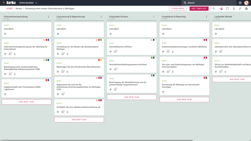 Banner mit dem Titel „Gründung eines neuen Unternehmens in Michigan“, das einen Screenshot eines Kerika-Kanban-Boards mit Spalten für die Unternehmensgründung, Lizenzierung und Registrierung, die finanzielle Einrichtung, Compliance und Berichterstattung sowie den laufenden Betrieb zeigt.