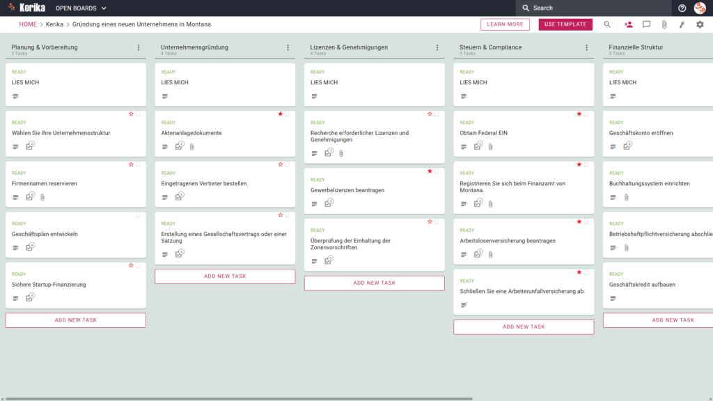 Banner mit dem Titel „Gründung eines neuen Unternehmens in Montana“, das einen Screenshot eines Kerika-Kanban-Boards mit den folgenden Aufgabenspalten zeigt: Planung und Vorbereitung, Unternehmensgründung, Lizenzen und Genehmigungen, Steuern und Compliance sowie Finanzielle Grundlagen.