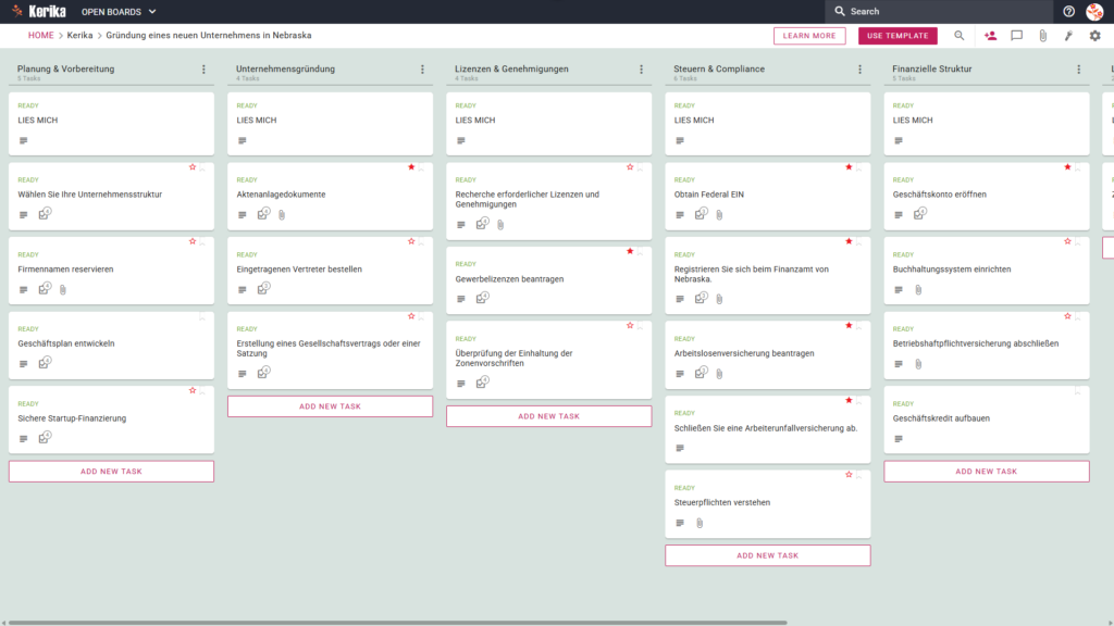 Banner mit dem Titel „Gründung eines neuen Unternehmens in Nebraska“, das einen Screenshot einer Kerika-Kanban-Tafel mit den Aufgabenspalten „Planung und Vorbereitung“, „Unternehmensgründung“, Lizenzen und Genehmigungen, Steuern und Einhaltung gesetzlicher Vorschriften sowie Finanzielle Grundlagen.