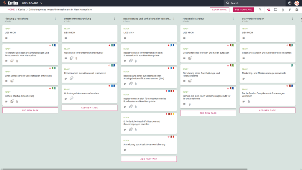 Banner mit dem Titel „Gründung eines neuen Unternehmens in New Hampshire“, auf dem ein Screenshot eines Kerika-Kanban-Boards zu sehen ist, mit Aufgabenspalten für „Planung und Recherche“, „Unternehmensgründung“, „Registrierung und Einhaltung gesetzlicher Vorschriften“, „Finanzielle Vorbereitung“ und „Vorbereitung der Markteinführung“.