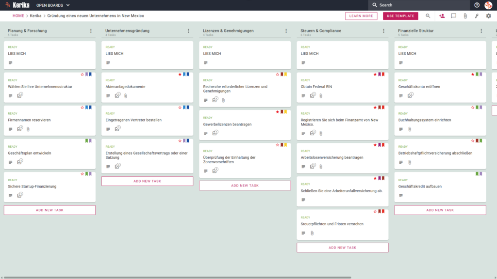 Banner mit dem Titel „Gründung eines neuen Unternehmens in New Mexico“, auf dem ein Screenshot eines Kerika-Kanban-Boards zu sehen ist, mit Aufgabenspalten für „Planung und Recherche“, „Unternehmensgründung“, „Lizenzen und Genehmigungen“, „Steuern und Compliance“ sowie „Finanzielle Grundlagen“.