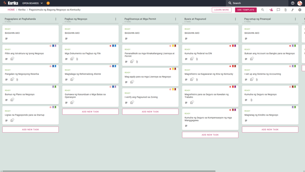 Ang homepage ng "Pagsimula ng Bagong Negosyo sa Kentucky" ay nagpapakita ng isang screenshot ng Kerik Kanban dashboard, na kinabibilangan ng mga seksyon sa pagpaplano at paghahanda, pagbubuo ng negosyo, pagkuha ng lisensya at pag-aaplay ng mga permit, pagsunod sa buwis at regulasyon, pamamahala sa pananalapi, at pang-araw-araw na operasyon.