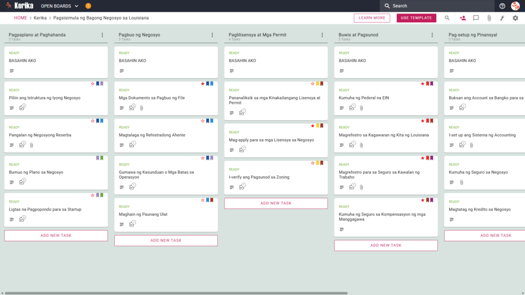 Ang mga banner para sa "Pagsisimula ng Bagong Negosyo sa Louisiana" ay nagpapakita ng isang screenshot ng Kerik Kanban dashboard na may mga gawain sa pagpaplano at paghahanda, na may mga kolum para sa pagbubuo ng negosyo, pagkuha ng lisensya at permit, pagsunod sa buwis at regulasyon, at mga regulasyong pinansyal.