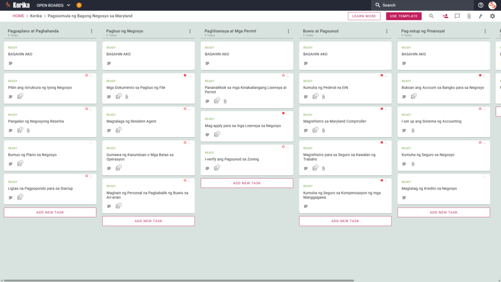 Ang poster na "Pagsisimula ng Bagong Negosyo sa Maryland" ay nagpapakita ng isang screenshot ng Kerik Kanban dashboard, na may mga kolum para sa pagpaplano at paghahanda, pagbubuo ng negosyo, lisensya at permit, buwis at pagsunod, pamamahala sa pananalapi, at pang-araw-araw na operasyon.