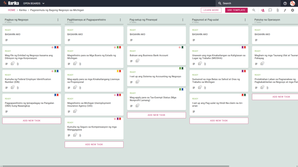 Isang caption na may pamagat na "Pagsisimula ng Bagong Negosyo sa Michigan", na nagpapakita ng screenshot ng isang Kanban board na may mga sumusunod na kolum ng proyekto: pag-set up ng negosyo, paglilisensya at pagpaparehistro, pamamahala ng pananalapi, pagsunod at pag-uulat, at pang-araw-araw na operasyon.