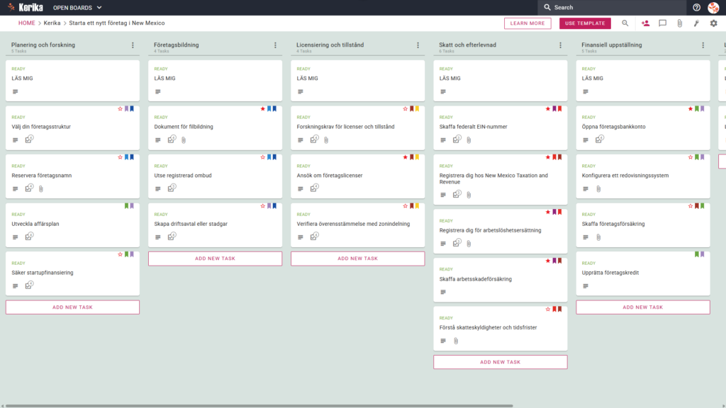 En banner med rubriken ”Starta ett nytt företag i New Mexico”, som visar en skärmdump av en Kerika Kanban-tavla med uppgiftskolumner för planering och forskning, företagsbildning, licenser och tillstånd, skatter och efterlevnad samt ekonomisk planering.