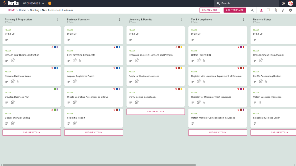Banner titled "Starting a New Business in Louisiana" featuring a screenshot of a Kerika Kanban board with task columns for Planning & Preparation, Business Formation, Licensing & Permits, Tax & Compliance, and Financial Setup.