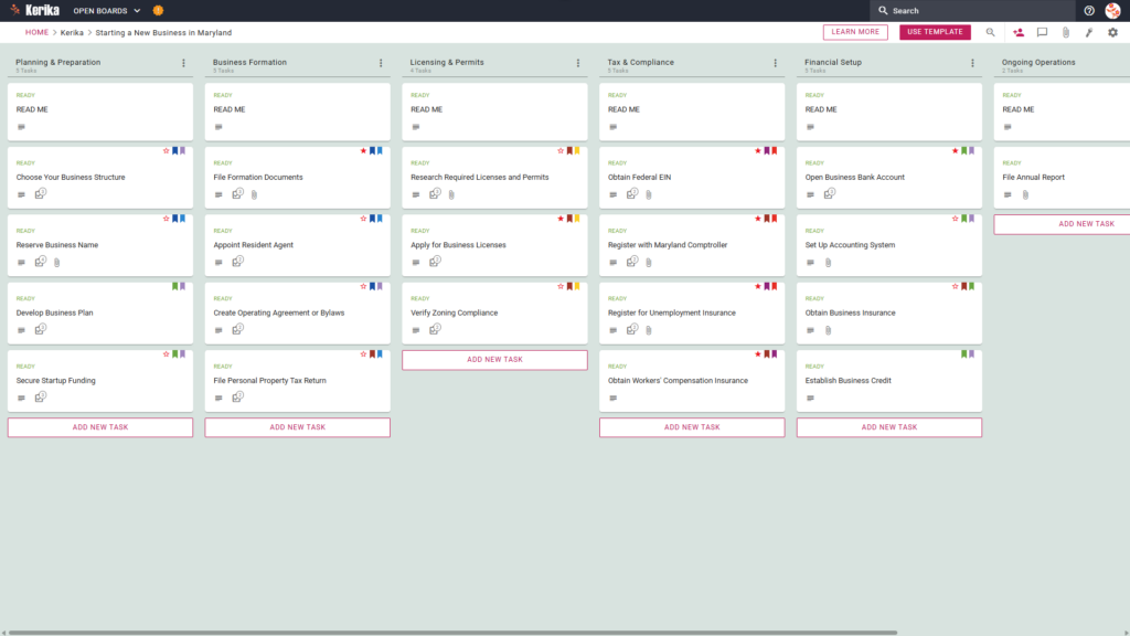 Banner titled "Starting a New Business in Maryland" featuring a screenshot of a Kerika Kanban board with task columns for Planning & Preparation, Business Formation, Licensing & Permits, Tax & Compliance, Financial Setup, and Ongoing Operations.