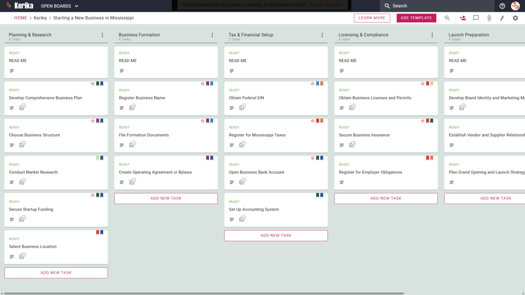 Banner titled "Starting a New Business in Mississippi" featuring a screenshot of a Kerika Kanban board with task columns for Planning & Research, Business Formation, Tax & Financial Setup, Licensing & Compliance, and Launch Preparation.