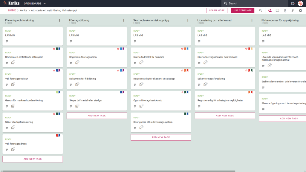 En banner med rubriken ”Att starta ett nytt företag i Mississippi”, som visar en skärmdump av en Kerika Kanban-tavla med uppgiftskolumner för planering och forskning, företagsbildning, skatte- och ekonomifrågor, tillstånd och efterlevnad samt förberedelser inför lansering.