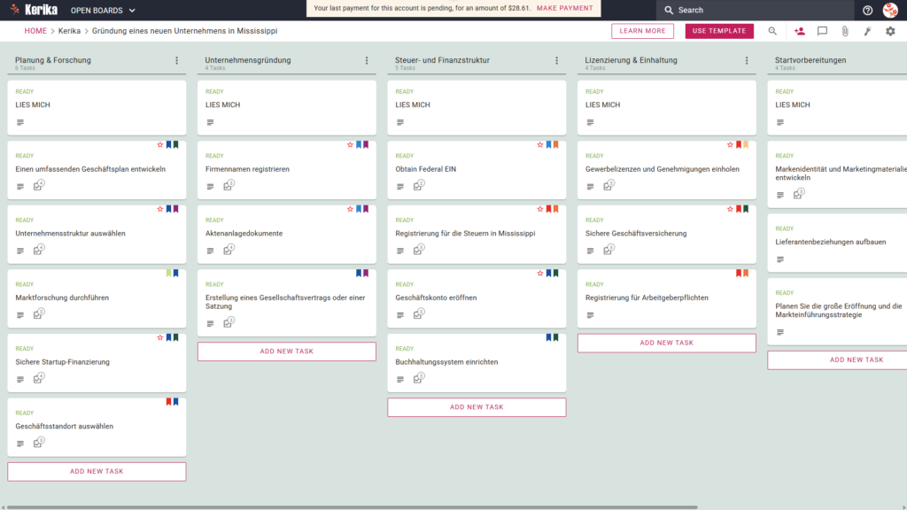 Banner mit dem Titel „Gründung eines neuen Unternehmens in Mississippi“, das einen Screenshot eines Kerika-Kanban-Boards mit den folgenden Aufgabenspalten zeigt: Planung und Recherche, Unternehmensgründung, Steuerliche und finanzielle Grundlagen, Genehmigungen und Einhaltung gesetzlicher Vorschriften sowie Vorbereitungen für den Start.
