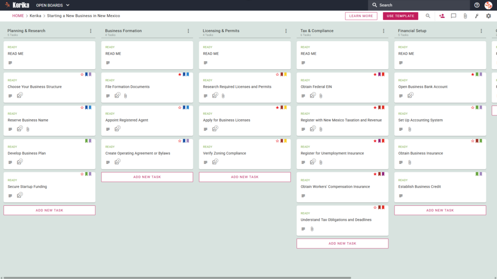 Banner titled "Starting a New Business in New Mexico" featuring a screenshot of a Kerika Kanban board with task columns for Planning & Research, Business Formation, Licensing & Permits, Tax & Compliance, and Financial Setup.