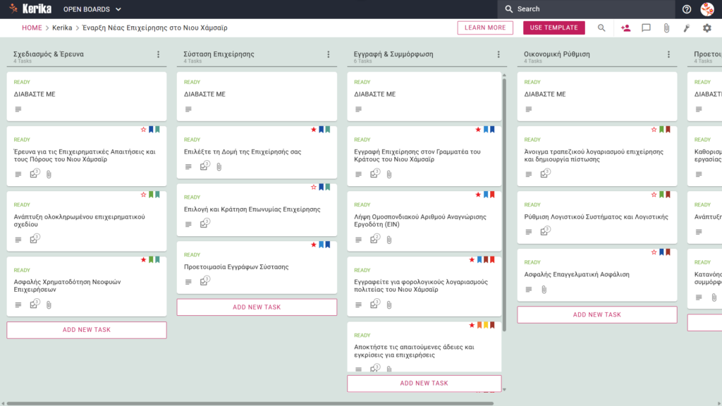 Μπάνερ με τίτλο «Έναρξη Νέας Επιχείρησης στο Νιου Χάμσαϊρ», στο οποίο εμφανίζεται ένα στιγμιότυπο οθόνης από έναν πίνακα Kerika Kanban με στήλες εργασιών για τους τομείς «Σχεδιασμός & Έρευνα», «Ίδρυση Επιχείρησης», «Εγγραφή & Συμμόρφωση», «Οικονομική Οργάνωση» και «Προετοιμασία Εκκίνησης».