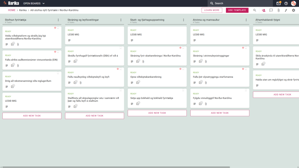 Banner með titlinum "Að stofna nýtt fyrirtæki í Norður-Karólínu" sem sýnir skjámynd af Kerika Kanban-spjaldi með verkefnastólpum fyrir fyrirtækjaskipulag, skráningu og leyfisveitingu, skatta- og fjárhagsuppsetningu, ráðningu og mannauðsmál og stöðugar reglufylgnir.