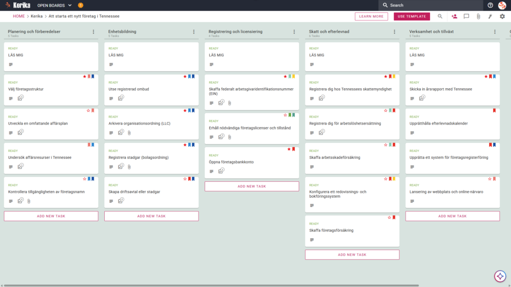 En banner med rubriken ”Att starta ett nytt företag i Tennessee” som visar en skärmdump av en Kerika Kanban-tavla med uppgiftskolumner för planering och förberedelser, bolagsbildning, registrering och tillstånd, skatt och efterlevnad samt drift.