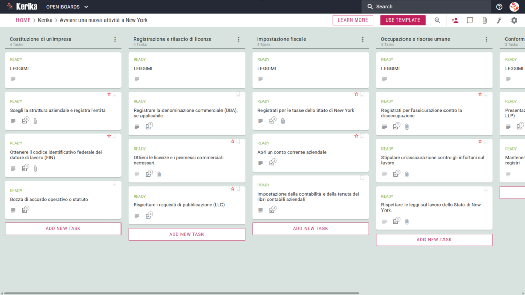 Banner dal titolo "Avviare una nuova attività a New York" che mostra uno screenshot di una bacheca Kerika Kanban con colonne dedicate alle attività relative alla costituzione dell'impresa, alla registrazione e alle licenze, alla gestione fiscale, al personale e alle risorse umane, nonché alla conformità normativa continua.