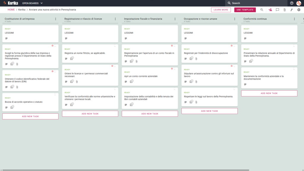Banner dal titolo "Avviare una nuova attività in Pennsylvania" che mostra uno screenshot di una bacheca Kerika Kanban con colonne dedicate alle seguenti attività: costituzione dell'impresa, registrazione e ottenimento delle licenze, aspetti fiscali e finanziari, assunzioni e risorse umane, e conformità normativa continua.