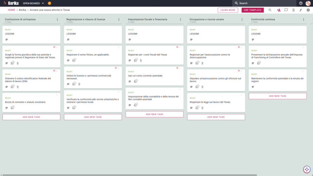 Banner dal titolo "Avviare una nuova attività in Texas" che mostra uno screenshot di una bacheca Kerika Kanban con colonne dedicate alle seguenti attività: costituzione dell'impresa, registrazione e licenze, aspetti fiscali e finanziari, assunzioni e risorse umane, e conformità normativa.