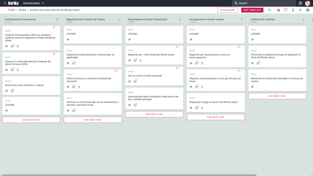 Banner dal titolo "Avviare una nuova attività nel Rhode Island" che mostra uno screenshot di una bacheca Kerika Kanban con colonne dedicate alle seguenti attività: costituzione dell'impresa, registrazione e ottenimento delle licenze, aspetti fiscali e finanziari, assunzioni e risorse umane, e conformità normativa continua.