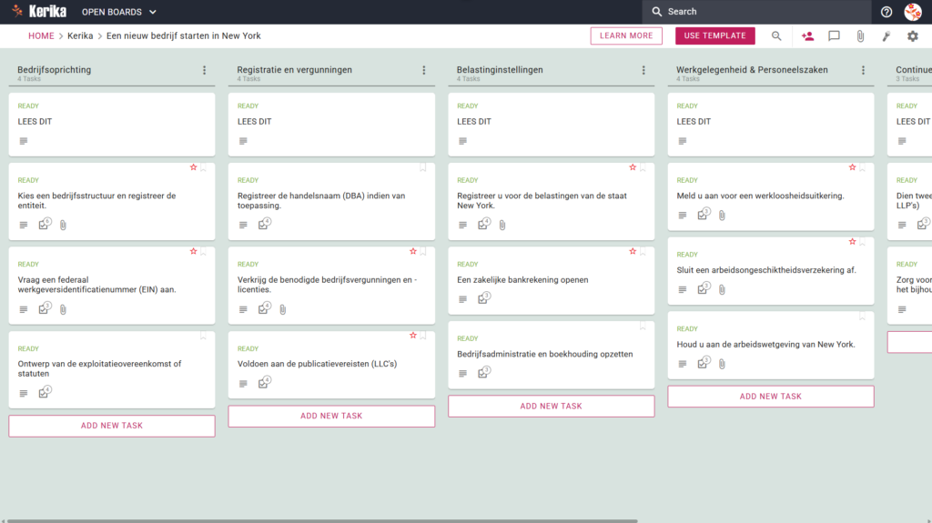 Banner met de titel „Een nieuw bedrijf starten in New York”, met een screenshot van een Kerika Kanban-bord met taakkolommen voor „Oprichting van een bedrijf”, „Registratie en vergunningen”, „Belastingzaken”, „Personeelszaken en HR” en „Doorlopende naleving”.