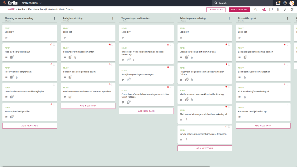 Banner met de titel „Een nieuw bedrijf starten in North Dakota”, met een screenshot van een Kerika Kanban-bord met taakkolommen voor Planning & Voorbereiding, Oprichting van het bedrijf, Vergunningen & Licenties, Belastingen & Naleving, Financiële opzet en Lopende bedrijfsvoering.