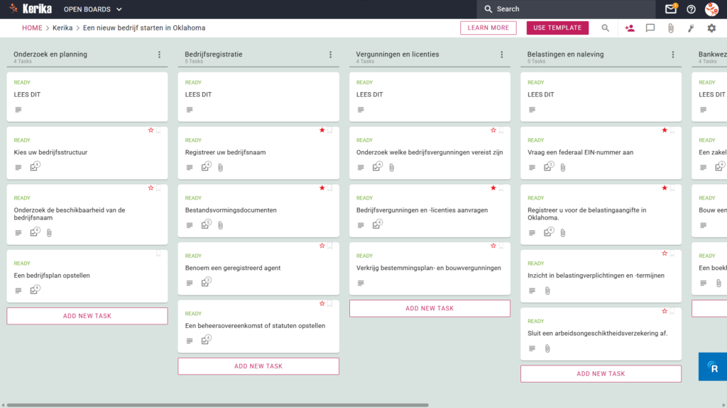 Banner met de titel „Een nieuw bedrijf starten in Oklahoma”, met een screenshot van een Kerika Kanban-bord met taakkolommen voor Onderzoek & Planning, Bedrijfsregistratie, Vergunningen & Licenties, Belastingen & Naleving, en Bankzaken & Financiën.