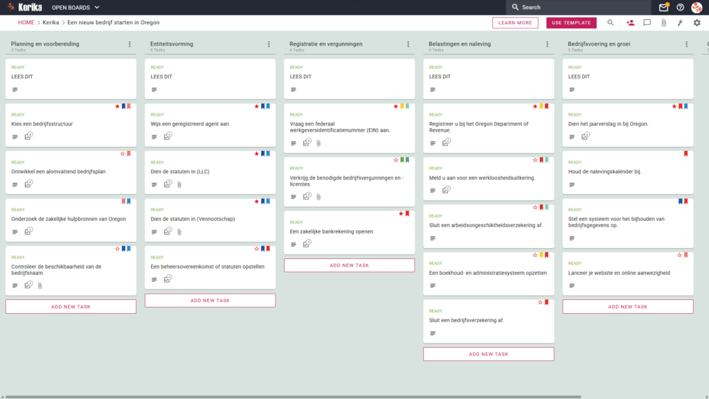 Banner met de titel „Een nieuw bedrijf starten in Oregon”, met een screenshot van een Kerika Kanban-bord met taakkolommen voor Planning & Voorbereiding, Oprichting van een rechtspersoon, Registratie & Vergunningen, Belastingen & Naleving en Bedrijfsvoering.