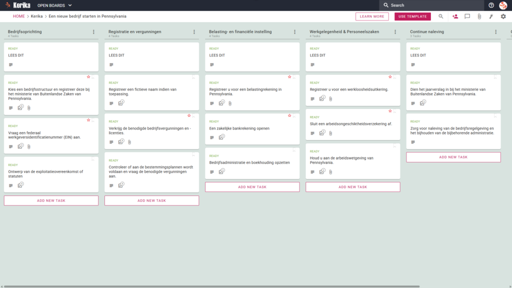 Banner met de titel „Een nieuw bedrijf starten in Pennsylvania”, met een screenshot van een Kerika Kanban-bord met taakkolommen voor „Oprichting van een bedrijf”, „Registratie en vergunningen”, „Fiscale en financiële afhandeling”, „Personeelszaken en HR” en „Doorlopende naleving”.