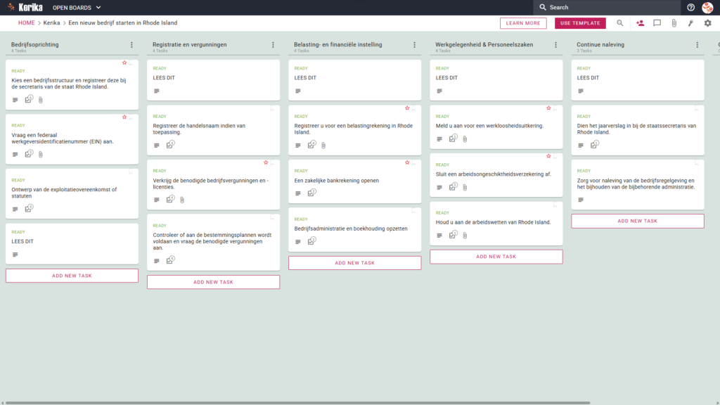Banner met de titel „Een nieuw bedrijf starten in Rhode Island”, met een screenshot van een Kerika Kanban-bord met taakkolommen voor „Oprichting van een bedrijf”, „Registratie en vergunningen”, „Belasting- en financiële zaken”, „Personeelszaken en HR” en „Doorlopende naleving”.