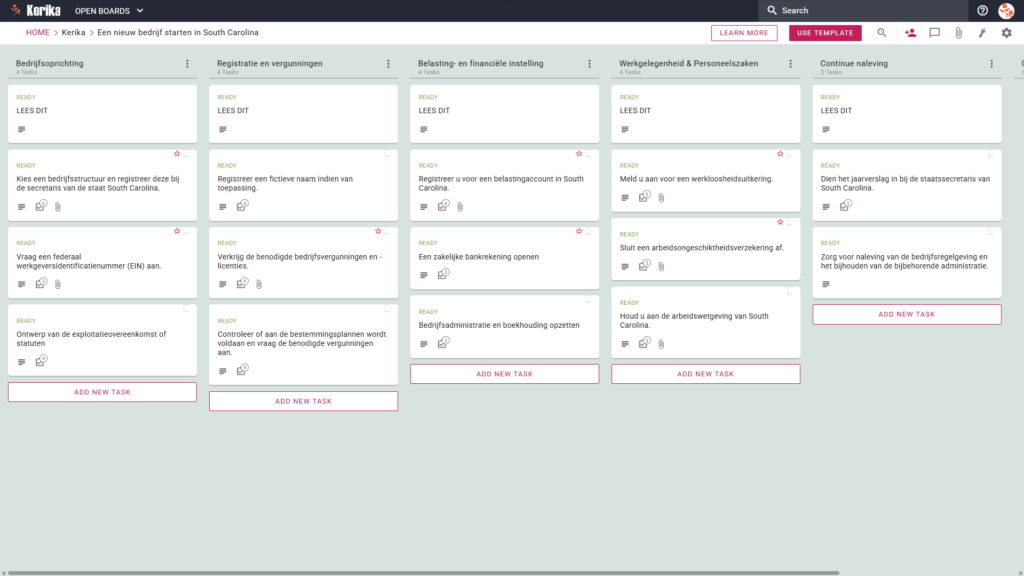 Banner met de titel „Een nieuw bedrijf starten in South Carolina”, met een screenshot van een Kerika Kanban-bord met taakkolommen voor „Oprichting van een bedrijf”, „Registratie en vergunningen”, „Fiscale en financiële afhandeling”, „Personeelszaken en HR” en „Doorlopende naleving”.