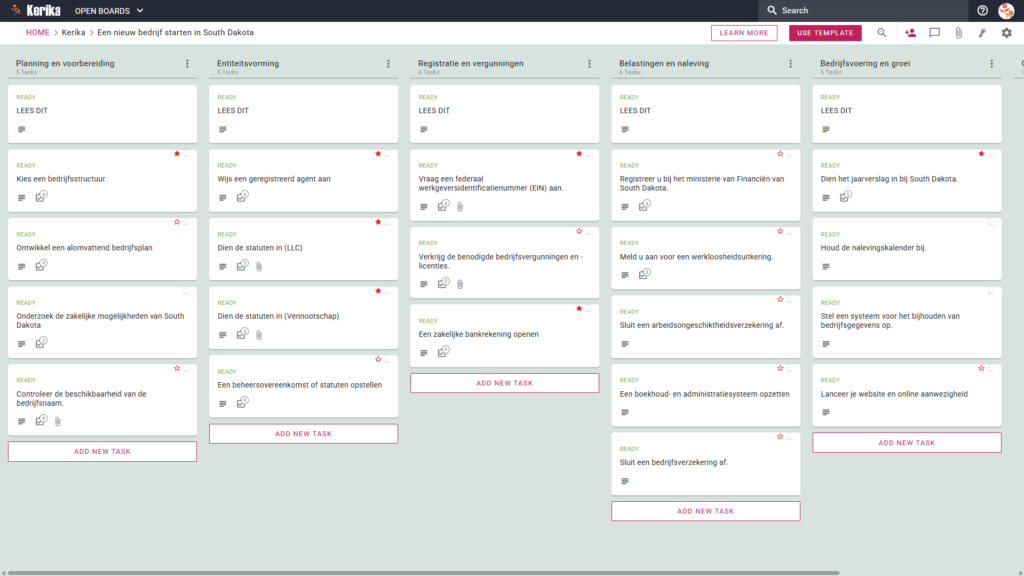 Banner met de titel „Een nieuw bedrijf starten in South Dakota”, met een screenshot van een Kerika Kanban-bord met taakkolommen voor Planning & Voorbereiding, Oprichting van een rechtspersoon, Registratie & Vergunningen, Belastingen & Naleving, en Bedrijfsvoering & Groei.