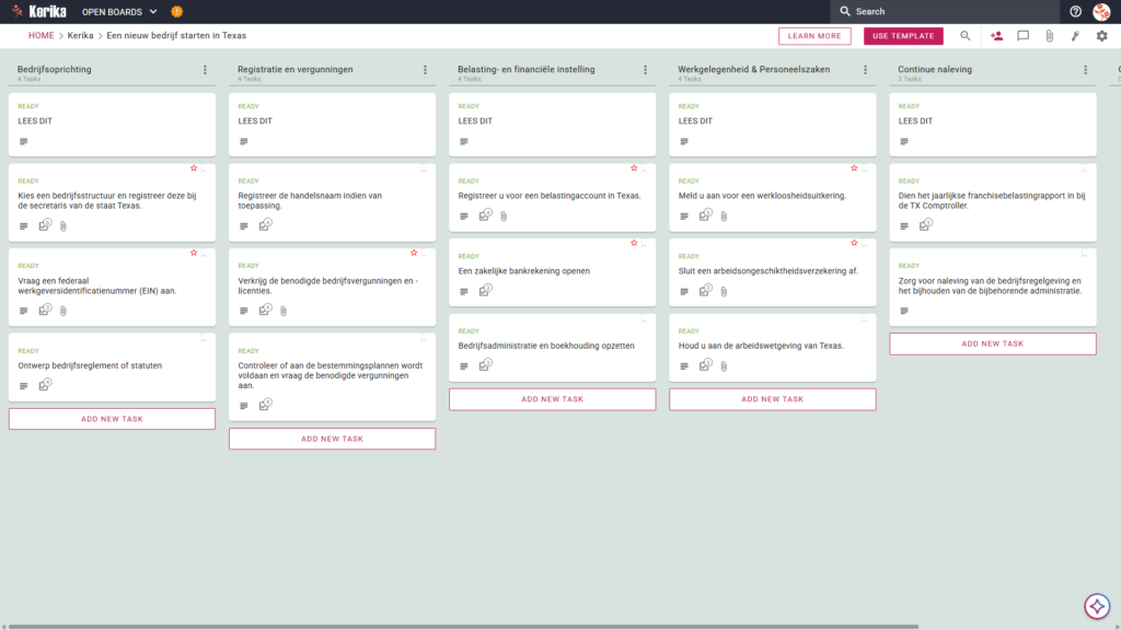 Banner met de titel „Een nieuw bedrijf starten in Texas”, met een screenshot van een Kerika Kanban-bord met taakkolommen voor „Oprichting van een bedrijf”, „Registratie en vergunningen”, „Fiscale en financiële afhandeling”, „Personeelszaken en HR” en „Doorlopende naleving”.