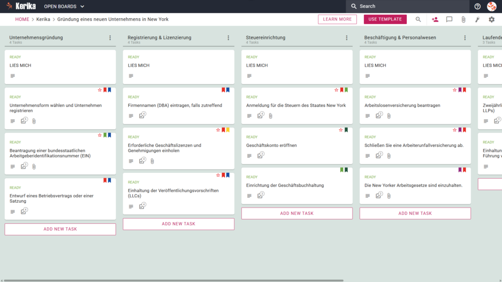 Banner mit dem Titel „Gründung eines neuen Unternehmens in New York“, das einen Screenshot eines Kerika-Kanban-Boards mit den folgenden Aufgabenspalten zeigt: Unternehmensgründung, Registrierung und Lizenzierung, Steuerliche Einrichtung, Beschäftigung und Personalwesen sowie Laufende Compliance.