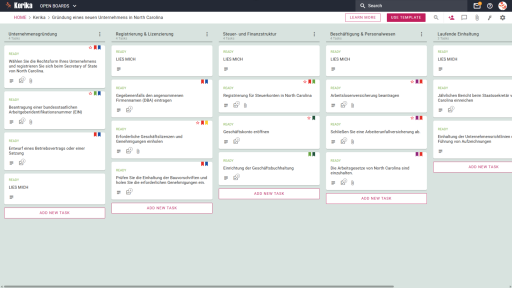 Banner mit dem Titel „Gründung eines neuen Unternehmens in North Carolina“, das einen Screenshot eines Kerika-Kanban-Boards mit Aufgabenspalten zu den Themen Unternehmensgründung, Registrierung und Lizenzierung, Steuer- und Finanzangelegenheiten, Beschäftigung und Personalwesen sowie laufende Compliance zeigt.
