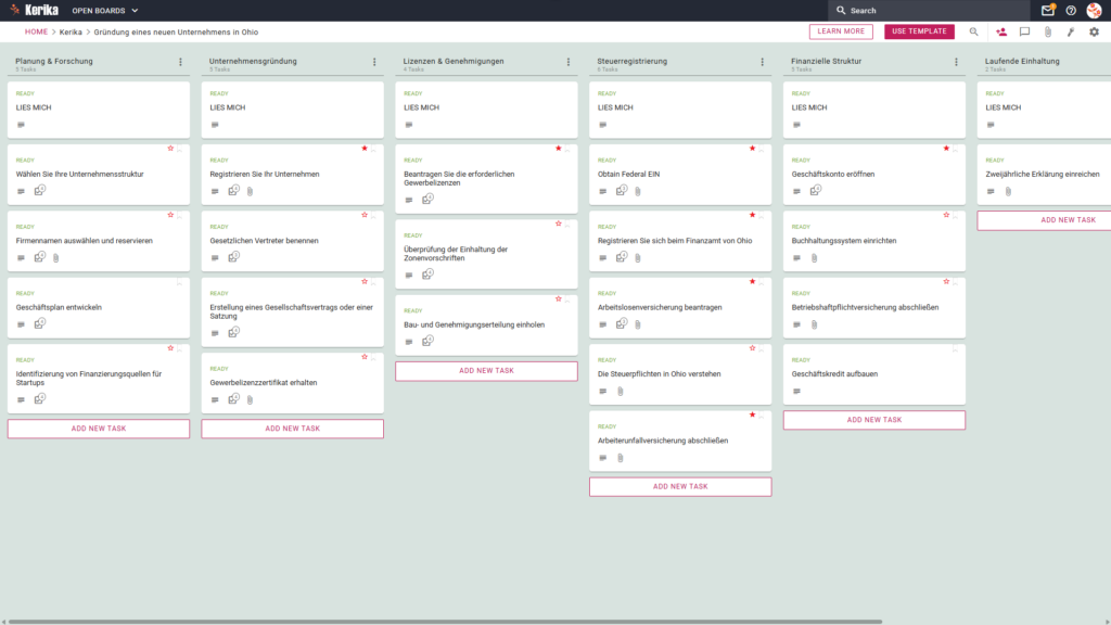 Banner mit dem Titel „Gründung eines neuen Unternehmens in Ohio“, auf dem ein Screenshot eines Kerika-Kanban-Boards zu sehen ist, mit Aufgabenspalten für „Planung und Recherche“, „Unternehmensgründung“, „Lizenzen und Genehmigungen“, „Steueranmeldung“, „Finanzielle Grundlagen“ und „Laufende Compliance“.