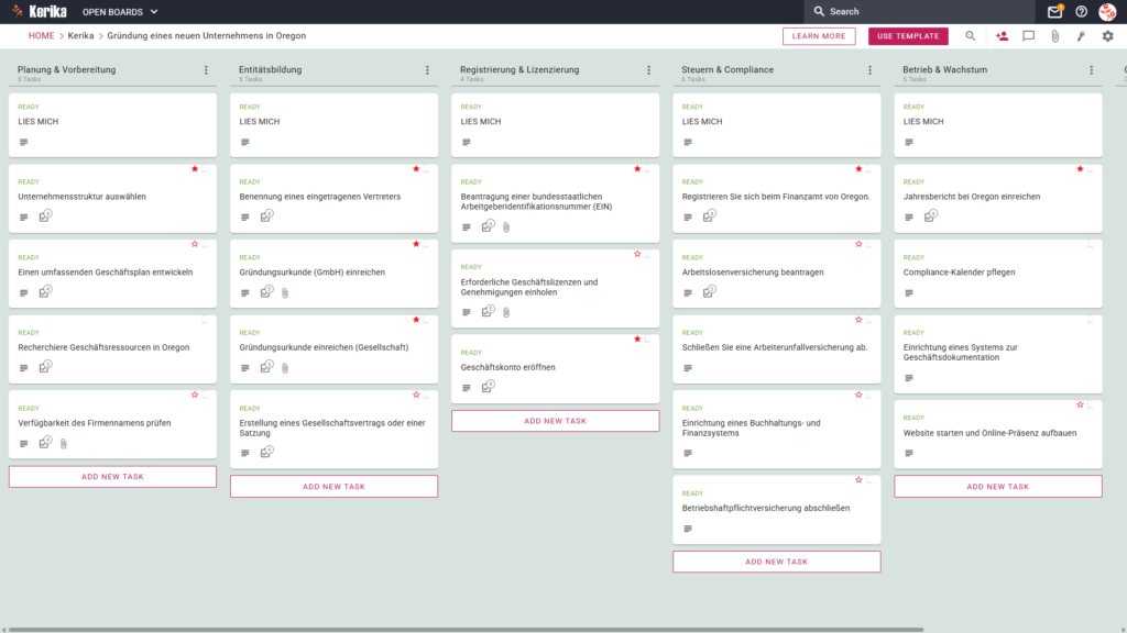 Banner mit dem Titel „Gründung eines neuen Unternehmens in Oregon“, das einen Screenshot eines Kerika-Kanban-Boards mit den folgenden Aufgabenspalten zeigt: Planung und Vorbereitung, Unternehmensgründung, Registrierung und Lizenzierung, Steuern und Compliance sowie Betrieb.