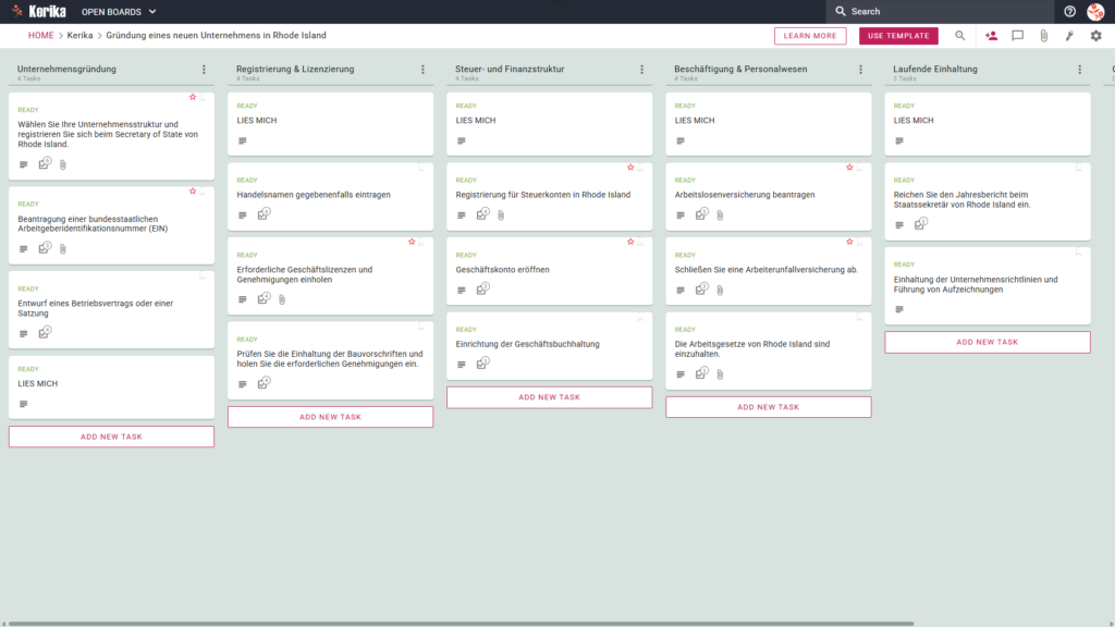 Banner mit dem Titel „Gründung eines neuen Unternehmens in Rhode Island“, auf dem ein Screenshot eines Kerika-Kanban-Boards zu sehen ist, mit Aufgabenspalten für Unternehmensgründung, Registrierung und Lizenzierung, Steuer- und Finanzangelegenheiten, Beschäftigung und Personalwesen sowie laufende Compliance.